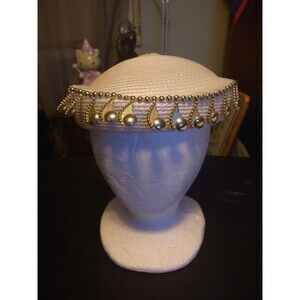 Womens Fancy Church Derby Wedding Hat White With Hanging Gold Pearls (not real)